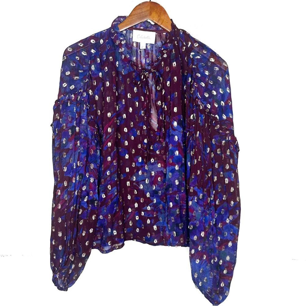 Evereve Purple Floral Sheer Tie-Neck Blouse - Picture 4 of 12